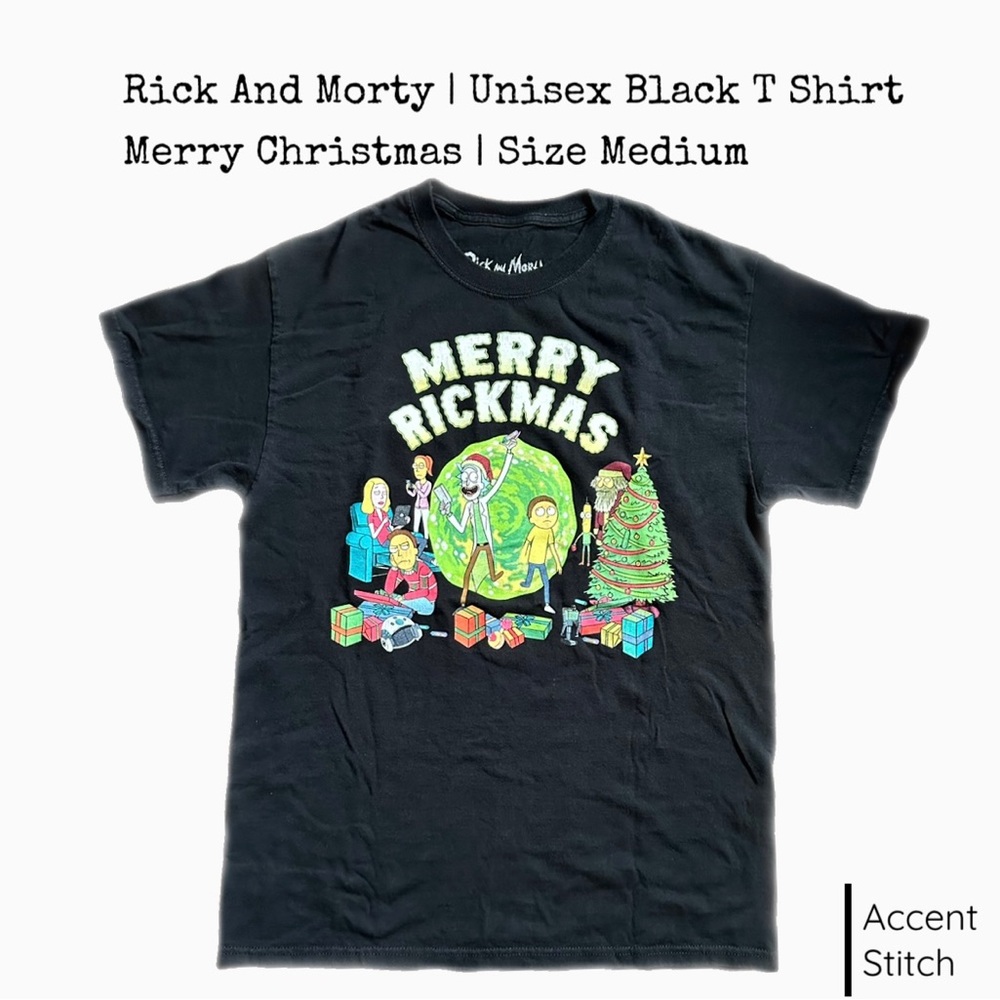 Rick And Morty | Adult Swim Unisex Black T Shirt Merry Christmas | Size Medium
